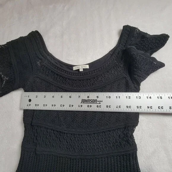 Ronny Kobo Womens Black Lace Knit Short Sleeve Mini Dress Size Medium Scoop Neck - Picture 7 of 9